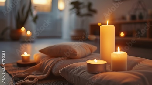 Create a photo of a cozy meditation space. Include pillows  blankets  and candles. The space should be dimly lit and have a relaxing atmosphere.