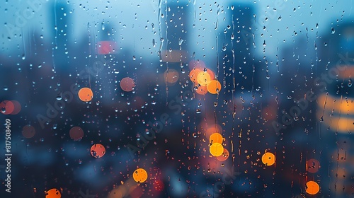 A view of a rainy city through a window. The rain is falling heavily and the city lights are reflected in the water droplets. The image is both beautiful and calming.