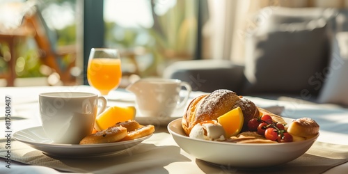 a breakfast of fruit, coffee, and orange juice is on a table in a hotel room with a view of the outside