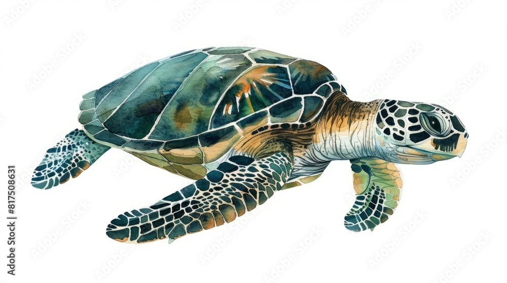 Obraz premium Detailed watercolor painting of a sea turtle swimming gracefully, set against a white background