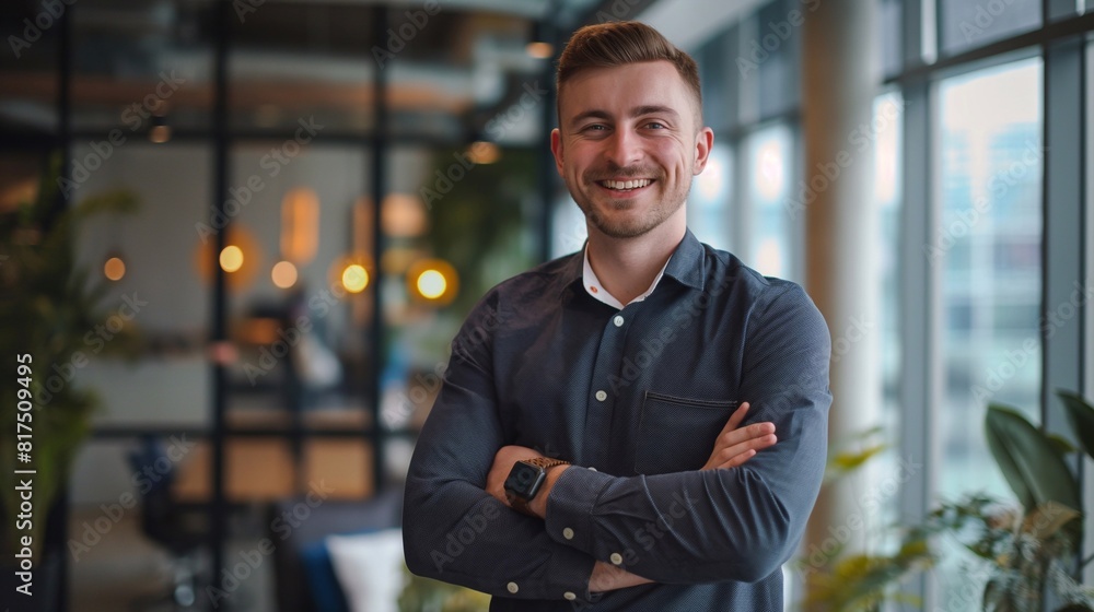 smiling young businessman in a casual outfit with his arms crossed ...