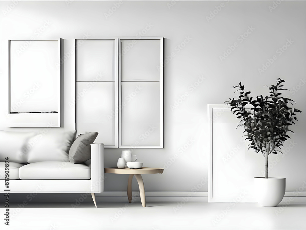 Fototapeta premium Frame mockup, ISO A paper size. Living room wall poster mockup. Interior mockup with house background. Modern interior design. 3D render