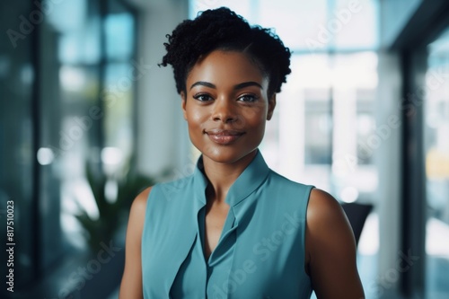 confident young black businesswoman standing at a window in an office alone