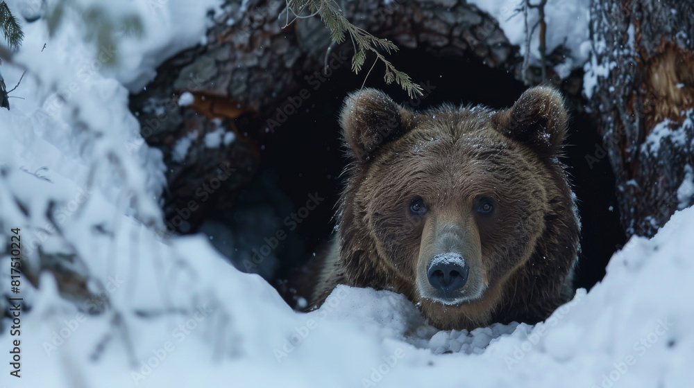 A curious brown bear is peeking out from its den, amidst a snowy forest setting, looking directly at the viewer A curious brown bear is peeking out from its den, amidst a snowy forest setting, looking directly at the viewer