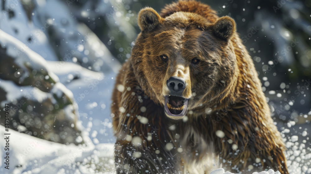 Dynamic image of a brown bear, showing aggression with its mouth open, while charging through a snowy backdrop Dynamic image of a brown bear, showing aggression with its mouth open, while charging through a snowy backdrop