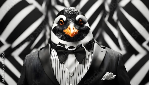 A charming and amusing portrait of a dapper penguin wearing a tuxedo against a black-and-white checkered backdrop.
 photo