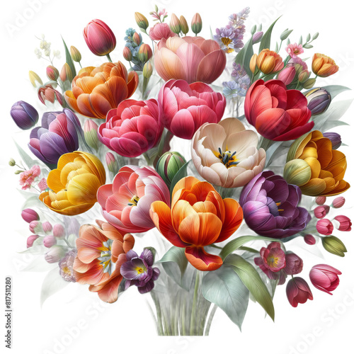 a bouquet of colorful tulips in a variety of shades, isolated on white background