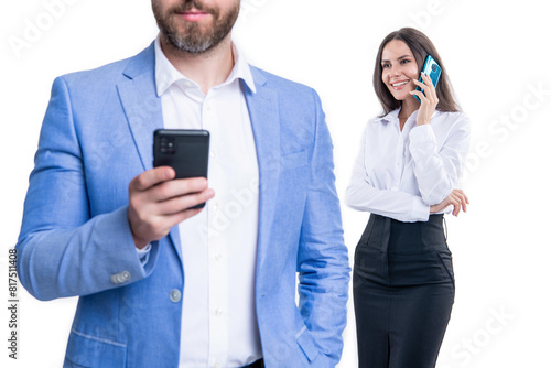 Phone text to colleague. Businesspeople reply to message isolated on white. Businesspeople using phone for conversation. Business communication in office. Business negotiation chat. Cropper view photo