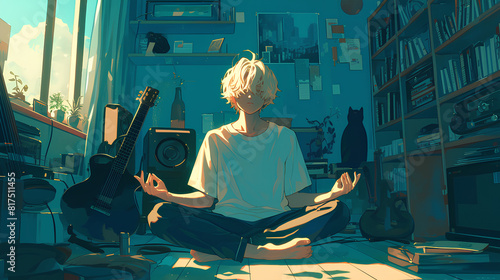 anime boy uses musicians to meditate in his room