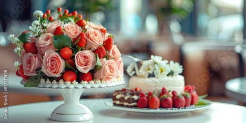 Abeautiful bouquet of roses in a cafe near a delicious dessert and cakes. photo