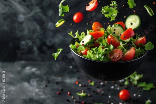 A bowl with vegetable salad floating in the air on a black background.