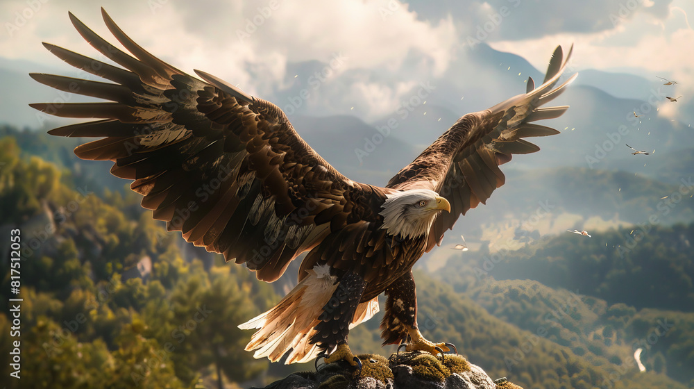 Fototapeta premium A bald eagle prepares to land on a rock in a blurred forest setting with soft sunlight behind