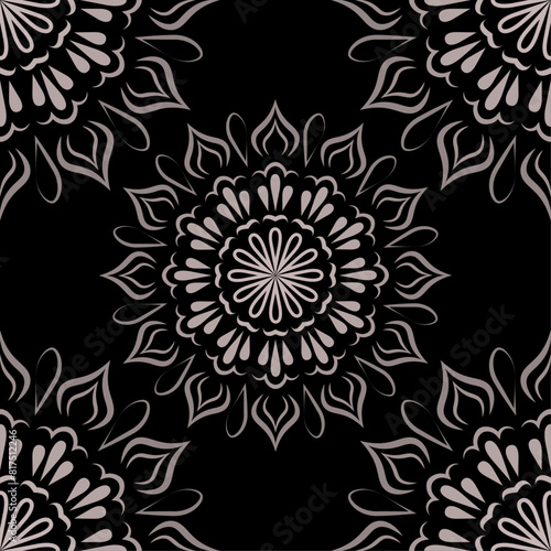 Floral decorative mandala vector pattern, design elements isolated on black background, card, banner, frame, border decoration.