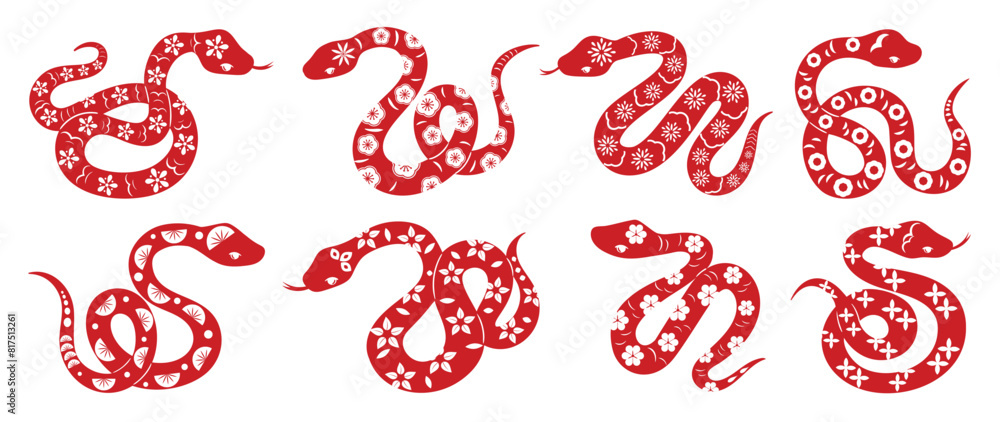 Chinese New Year snake design vector set. Element zodiac sign year of the snake with cherry blossom flower pattern on snake red color. Illustration design of background, card, sticker, calendar. Chinese New Year snake design vector set. Element zodiac sign year of the snake with cherry blossom flower pattern on snake red color. Illustration design of background, card, sticker, calendar.