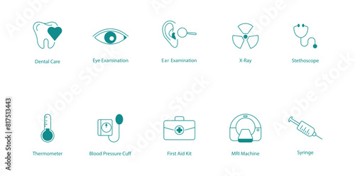 Dental, Eye, and Ear Health Examination with Diagnostic Tools Icon Set