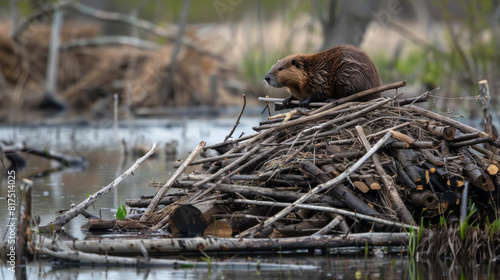 A beaver sits atop its wooden lodge in a tranquil water wetland