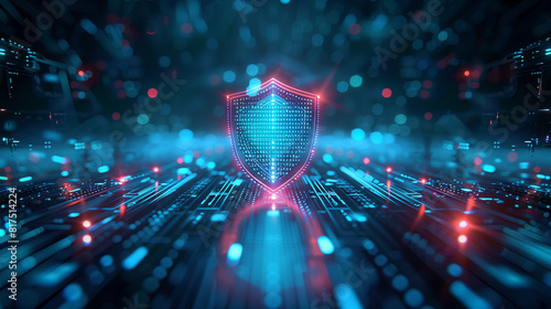 A glowing digital shield guarding a futuristic cybersecurity network, symbolizing advanced technology, data protection, and secure information systems.