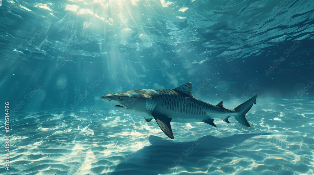 A tiger shark is captured swimming gracefully over a sandy ocean floor, illuminated by sunlight A tiger shark is captured swimming gracefully over a sandy ocean floor, illuminated by sunlight