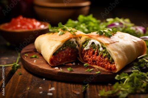 Fresh tasty chimichanga on wooden background. Fresh chimichanga. photo