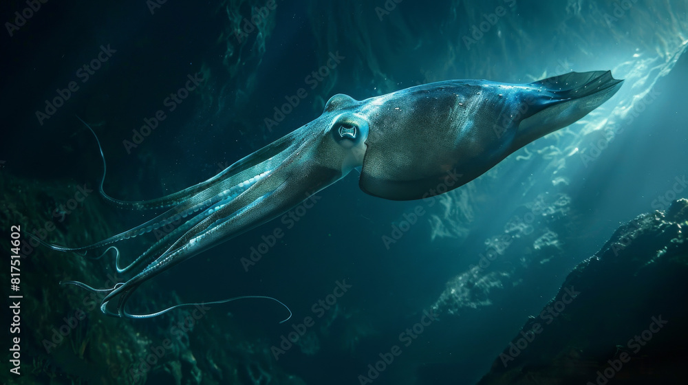 Obraz premium The sleek form of a squid is captured as it cruises through the cool, sunlit ocean depths surrounded by tiny bubbles