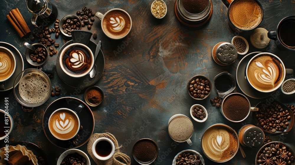 Aerial view of various coffee. Coffee background. Aerial view of various coffee. Coffee background.