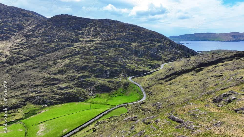 Drone still road pass to the sea through the mountains Cods Head Wild Atlantic Way Ireland Drone still road pass to the sea through the mountains Cods Head Wild Atlantic Way Ireland
