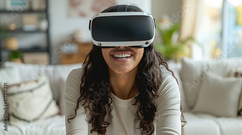 Happy joyful woman wearing VR glasses to play games, watch video on comfy white living room with copy space backgrounds