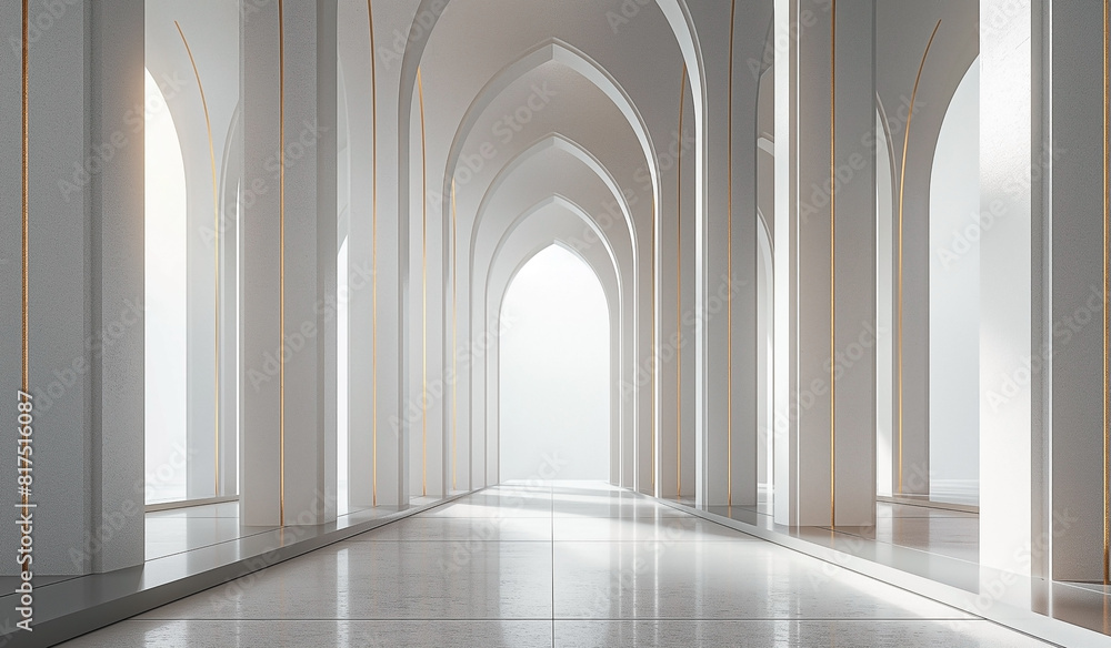 Beautiful design of mosque with architecture interior pillars mosque and white tunnel background