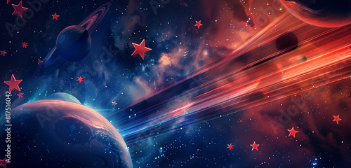 Fototapeta Naklejka Na Ścianę i Meble -  Memorial Day banner set in outer space, featuring alien planet stars and space warp stripes.
