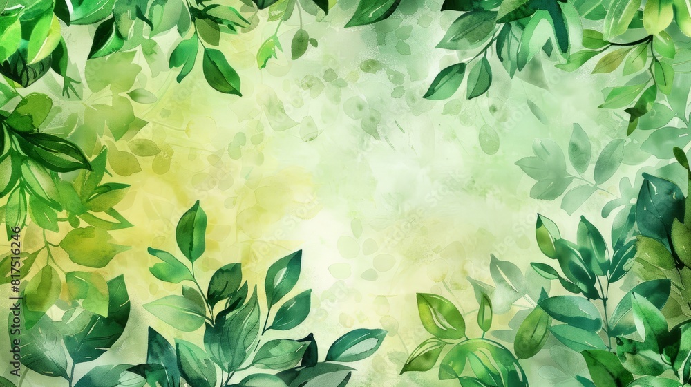 A watercolor background featuring vibrant green leaves, creating a lush and natural setting, copy space A watercolor background featuring vibrant green leaves, creating a lush and natural setting, copy space