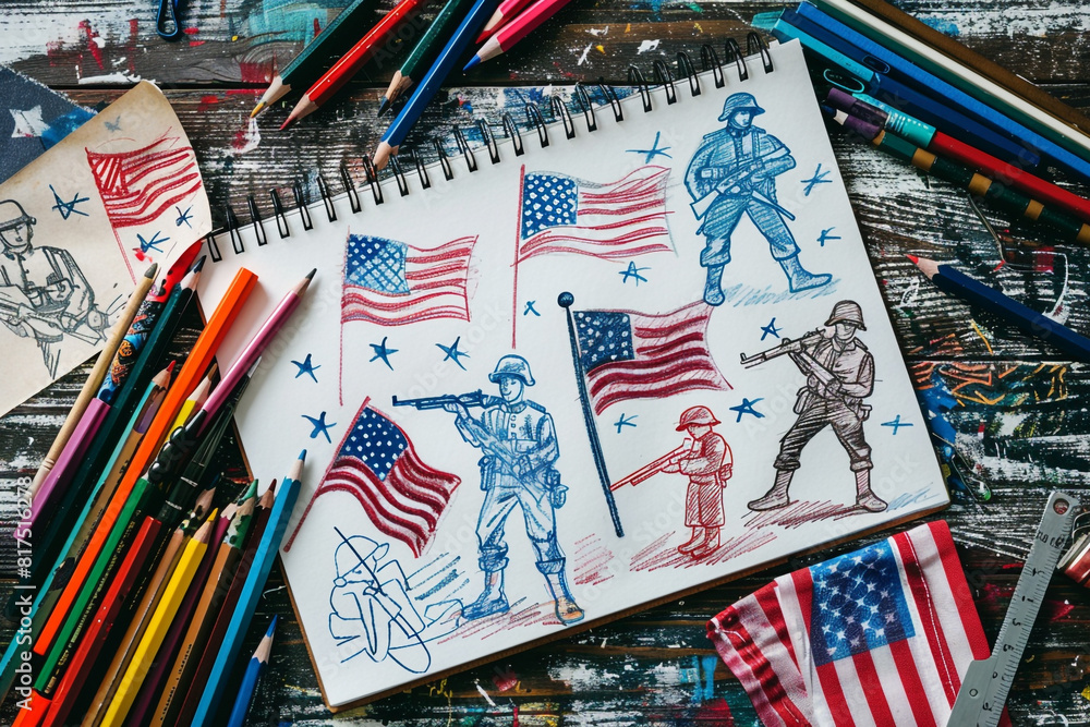 Poetic Memorial Day setup featuring a child's drawing pad with sketches of flags and soldiers. Poetic Memorial Day setup featuring a child's drawing pad with sketches of flags and soldiers.