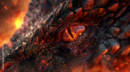 A highly detailed portrayal of a dragon's eye, with emphasis on the fiery scales and intense look © Armin