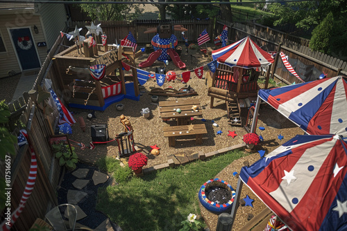 Patriotic-themed outdoor play area decorated for Memorial Day, seen from an overhead perspective. photo