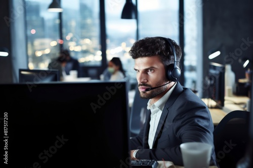 man wearing headset using desktop pc in office © alisaaa