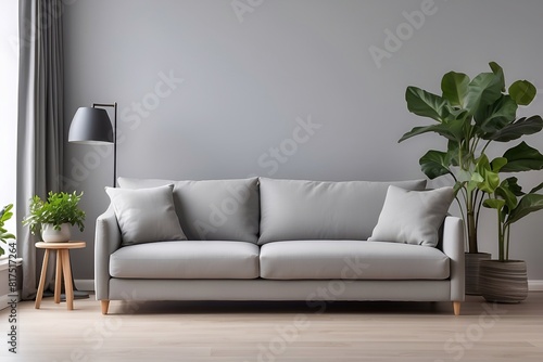 living room interior with gray sofa and plant in a vase 