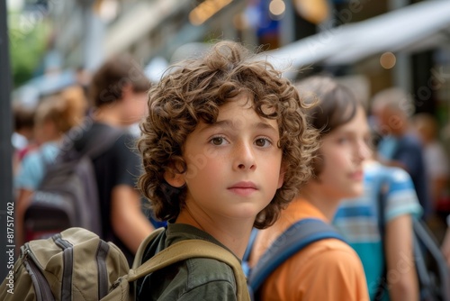 Portrait of a young boy with curly hair in the city center