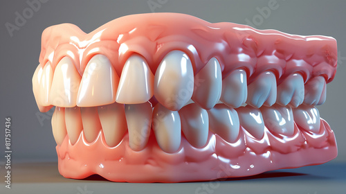 A photorealistic close-up of a teeth model, highlighting the textures and surfaces of the teeth and gums, with dramatic lighting. photo