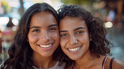 Closeup portrait of two young Hispanic women  one with long wavy dark hair and the other with short curly hair  smiling at the camera in casual attire  standing outdoors on an urban street 