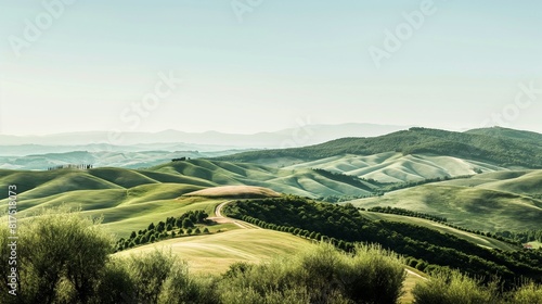 A panoramic view of rolling green hills under a clear sky  the undulating landscape dotted with green trees and shrubs. 32k  full ultra HD  high resolution
