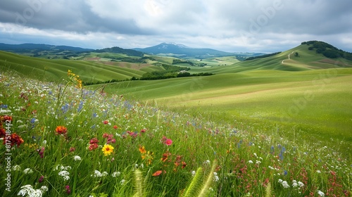 A peaceful countryside view  with rolling hills and lush green fields dotted with colorful wildflowers. 32k  full ultra HD  high resolution