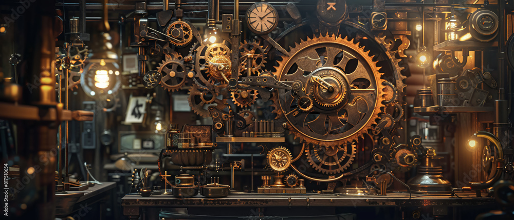 Steampunk Clockwork Mechanism, gears intertwining, copper and bronze accents, displayed in a cluttered workshop, dimly lit with flickering Edison bulbs, photography, Vignette camera effect