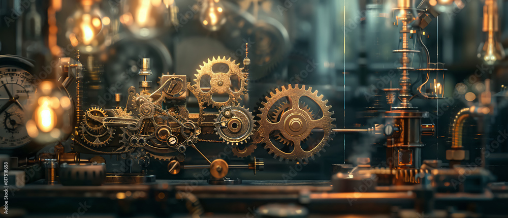 Steampunk Clockwork Mechanism, gears intertwining, copper and bronze accents, displayed in a cluttered workshop, dimly lit with flickering Edison bulbs, photography, Vignette camera effect Steampunk Clockwork Mechanism, gears intertwining, copper and bronze accents, displayed in a cluttered workshop, dimly lit with flickering Edison bulbs, photography, Vignette camera effect