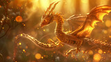 Golden dragon, scales, majestic creature, soaring over a mystical forest, bathed in the warm glow of sunset, 3D render, Backlights, Depth of field bokeh effect