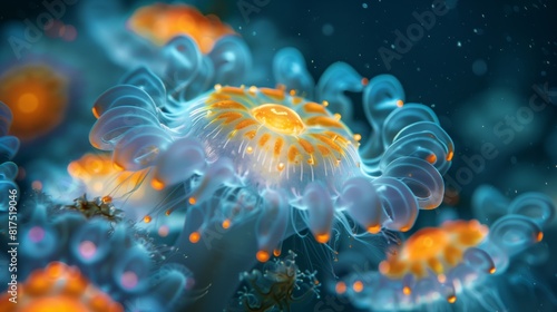 Bioluminescent Jellyfish with Vibrant Colors. Detailed macro shot of bioluminescent jellyfish, featuring vibrant orange and blue hues, illuminating the dark underwater environment. © Old Man Stocker
