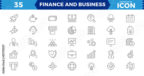 Finance and business line icons collection. Big UI icon set in a flat design. Thin outline icons pack. Linear icon collection. Editable stroke. Vector illustration