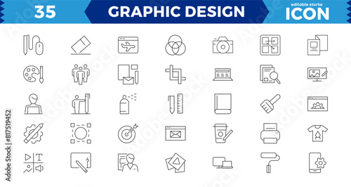 Pixel Perfect Set of thin line icons of graphic design. Simple linear icons in a modern style flat, Creative Process. Graphic design, creative package, stationary, software and Editable stroke