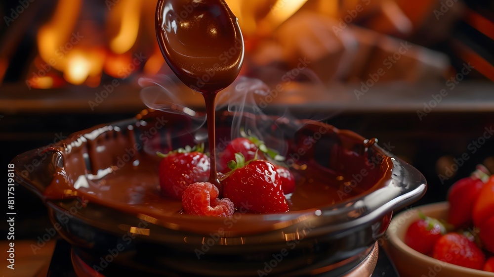 A bowl of chocolate sauce with strawberries on top A bowl of chocolate sauce with strawberries on top