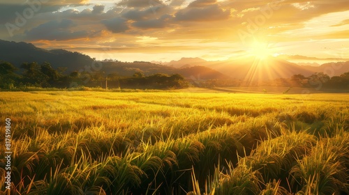 Golden rice fields at sunset with warm light casting long shadows over the ripening crops --ar 16:9 --stylize 250 Job ID: 104e6c44-99d5-49a6-b5e2-b39271b16b18 photo