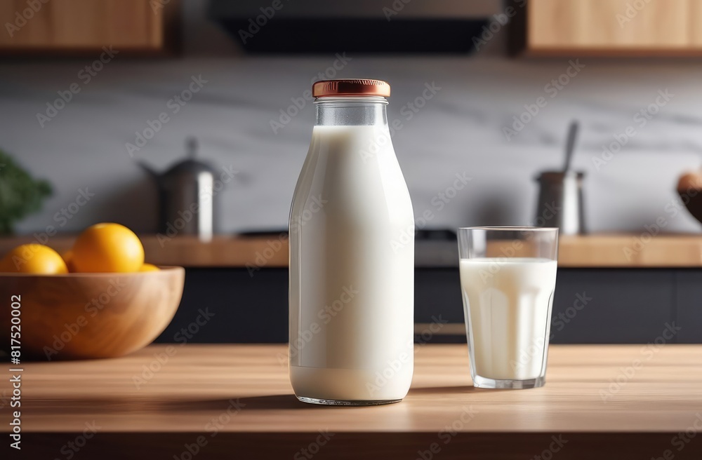 Milk in a glass and a bottle stands on the table in a modern kitchen Milk in a glass and a bottle stands on the table in a modern kitchen