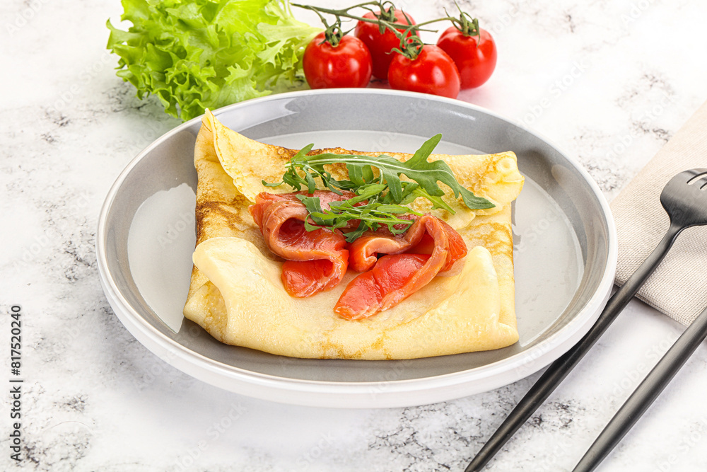 Russian pancake with salmon fish Russian pancake with salmon fish